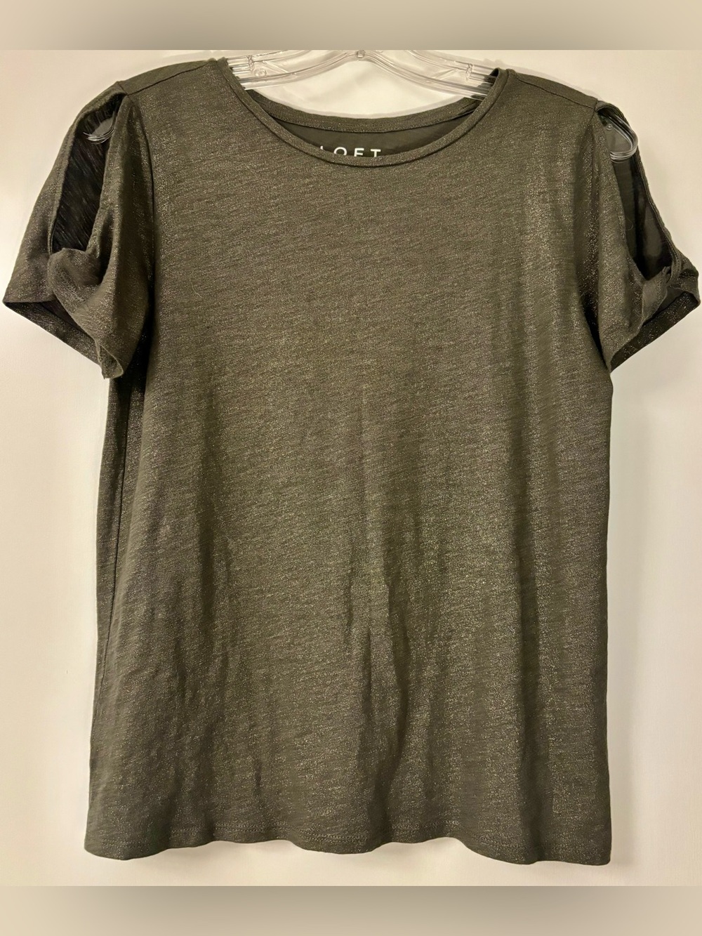 LOFT Olive Green Shimmery Short Sleeve Crewneck Tee, XS